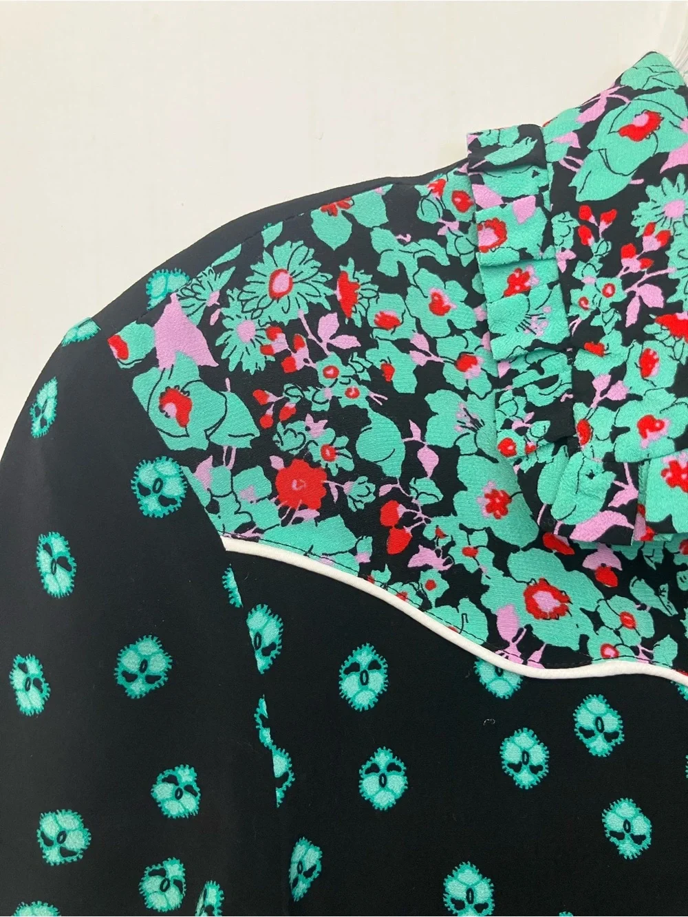 Maje Mini Dress US Sz Medium Black Green Romani Floral Print Short Sleeves Indie - Picture 5 of 6